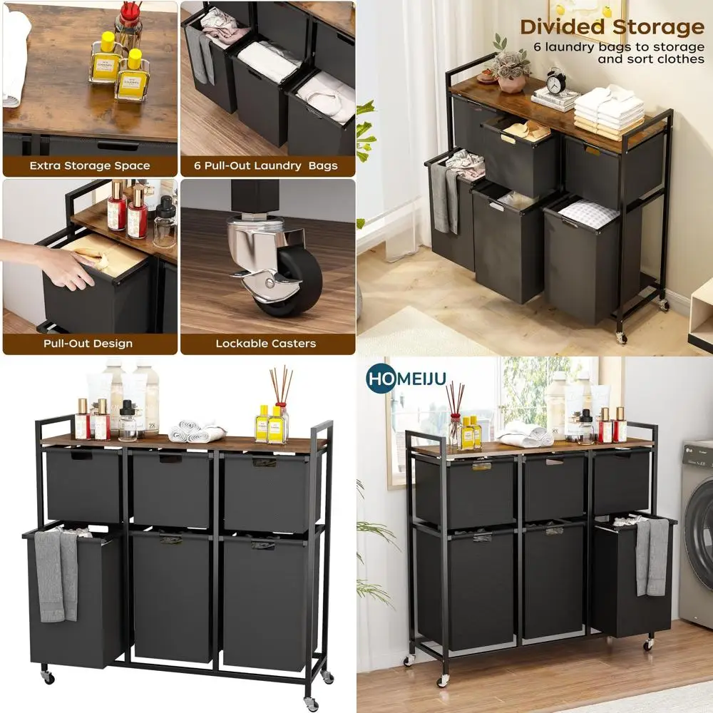 

Rolling Laundry Hamper Organizer with 6 Removable Bags, Large Desktop, Metal Frame, Rustic Brown & Black
