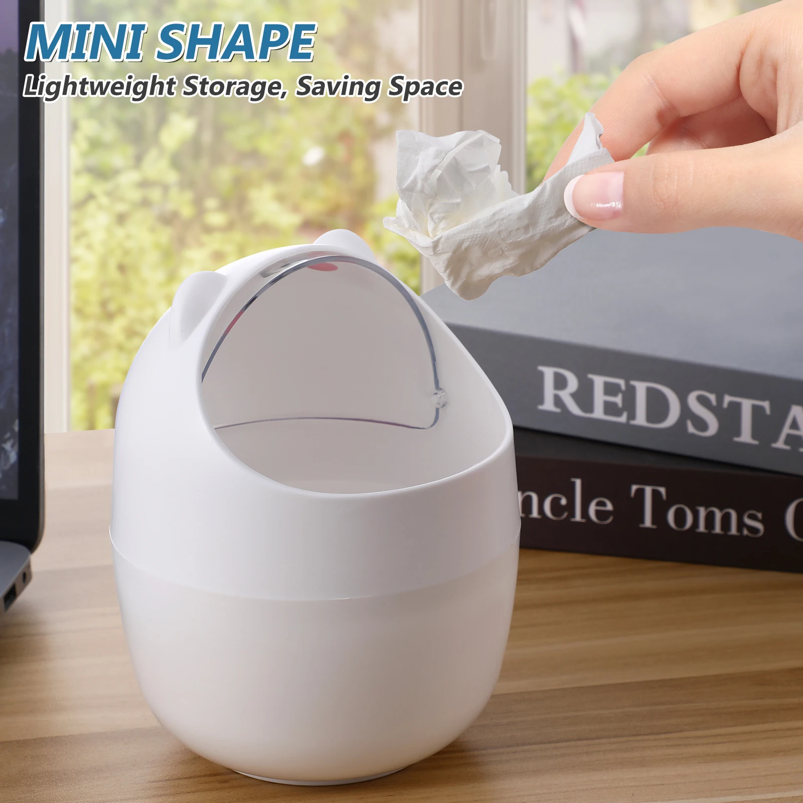 

Mini Trash Can White Cartoon Shaking Lid Desk Office Room Plastic Safe Reusable Waste Basket Storage Bin Kitchen Bedroom Tidy