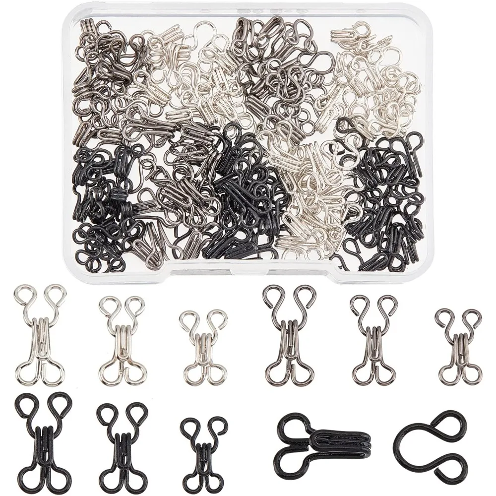 90 juegos de ganchos de costura y cierre de ojos, 3 tamaños, ganchos de hierro para sujetador, repuesto con caja de plástico para ropa, chaqueta, falda, pantalones