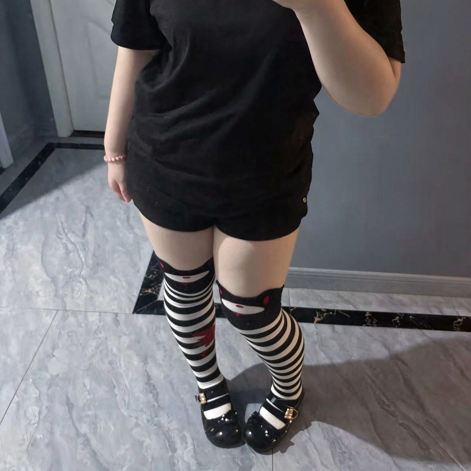 Bloody Bear Derivative Thigh High Socks Black White Striped Over Knee Stockings Warm Autumn Winter Goth Y2K Lolita Cosplay