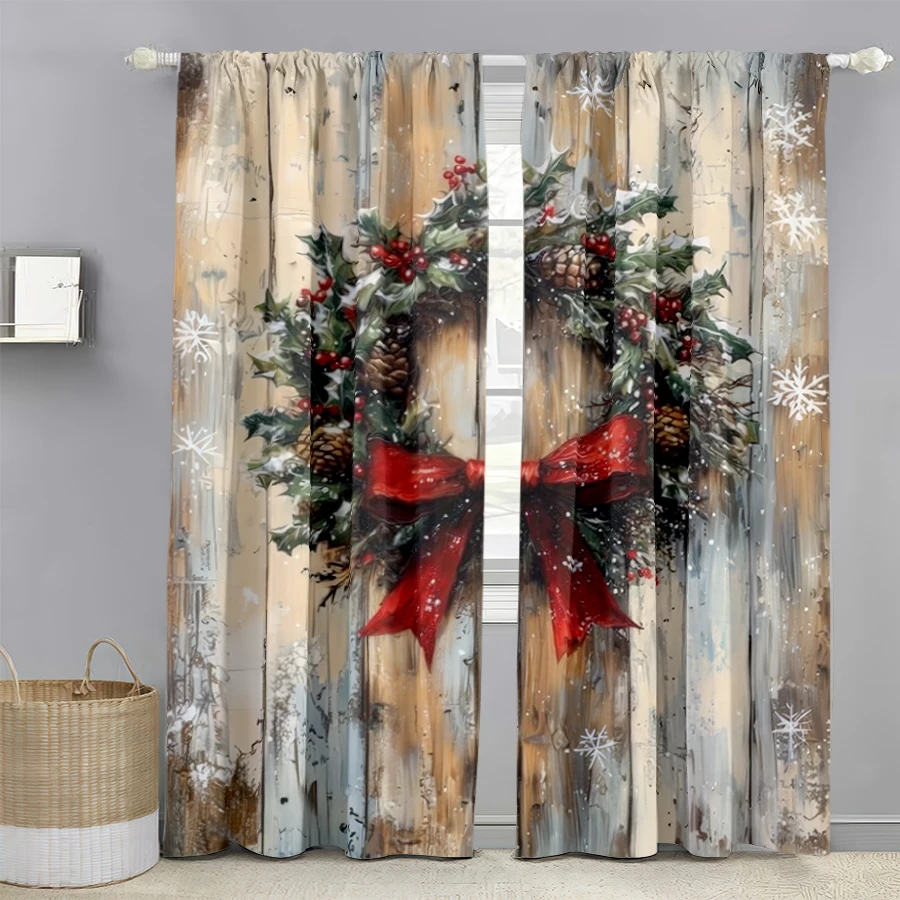 2PCS Digital Print Christmas Curtains, Aged Wood Holly Pinecone Bow Wreath, Rustic Vintage Window Drapes for Holiday Decor