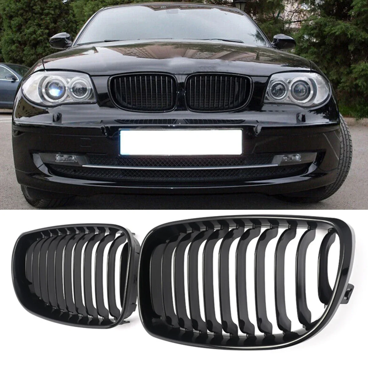 

For 2008-2013 BMW 1 Series E81 E82 E87 E88 LCI Gloss Black Front Kidney Grille