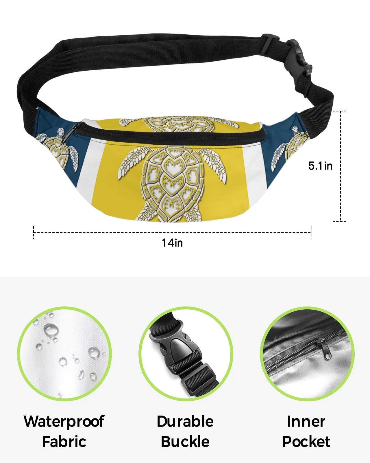 Sacos impermeáveis de Banana Hip para homens e mulheres, saco grande para cinto de telefone amarelo e azul, Turtle Stripe Fanny Pack, bolsa de carteira