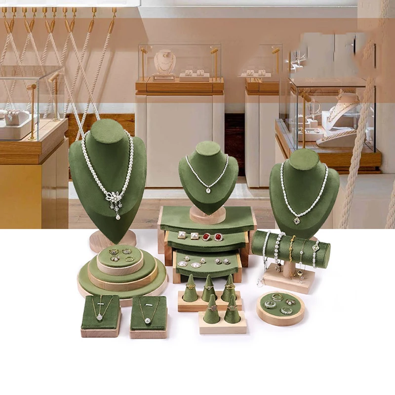 Solid Wood Green Velvet Jewelry Display Stand for Ring Stud Necklace Pendant Bracelet Storage and Display Rack