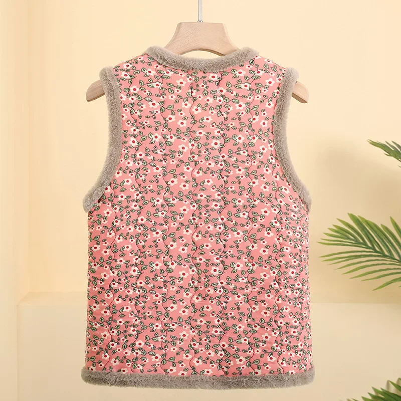 Casual Autumn and Winter Clothing for Women Short Vest with Fleece and Warm Floral Cotton Jacket, Fashionable Floral Cotton Vest