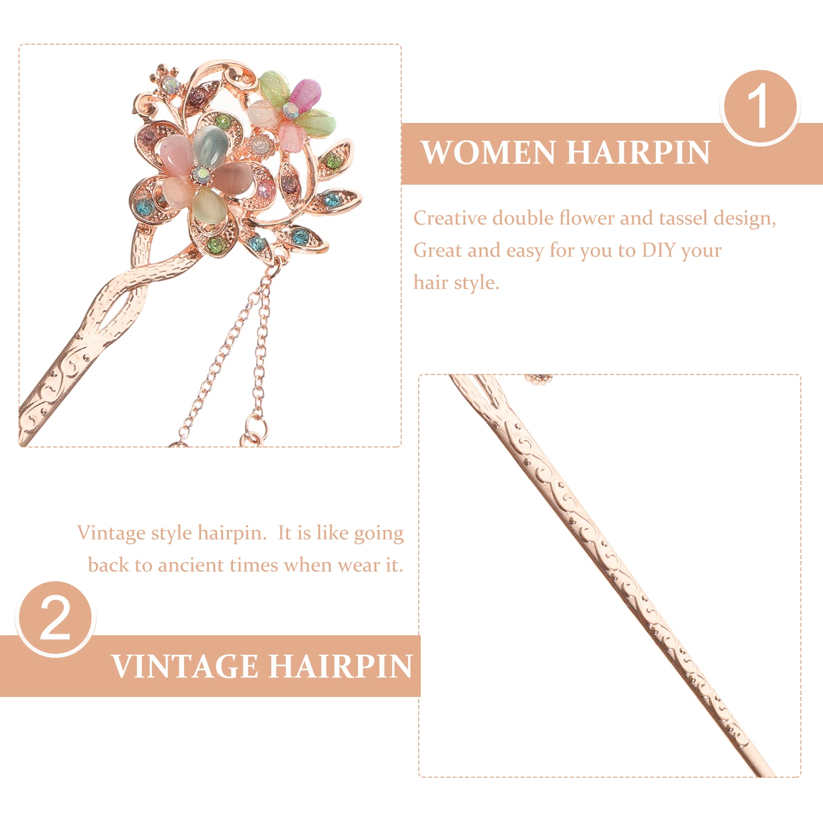 

Vintage Hair Stick Double Flower Tassel Opal Hairpins For Women Chinese Ancient Chignon Hairpin Creative Durable Hair