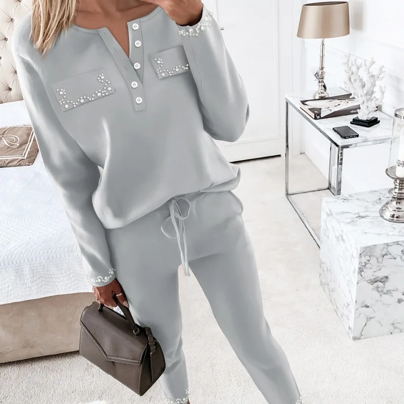 

2 Piece Sets Womens Outfits Streetwear Autumn 2024 New Fashion and Versatile Bubble Bead Decoration Top+pants Suit for Female