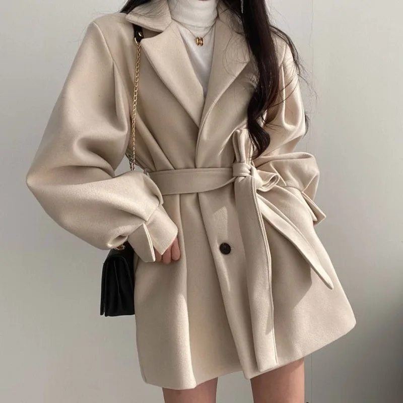 Korean Thick Female Trench Warm Jackets Turn-down Collar Long Puff Sleeve Clothes Autumn Elegant Belt Coat Women Chic Midi Top