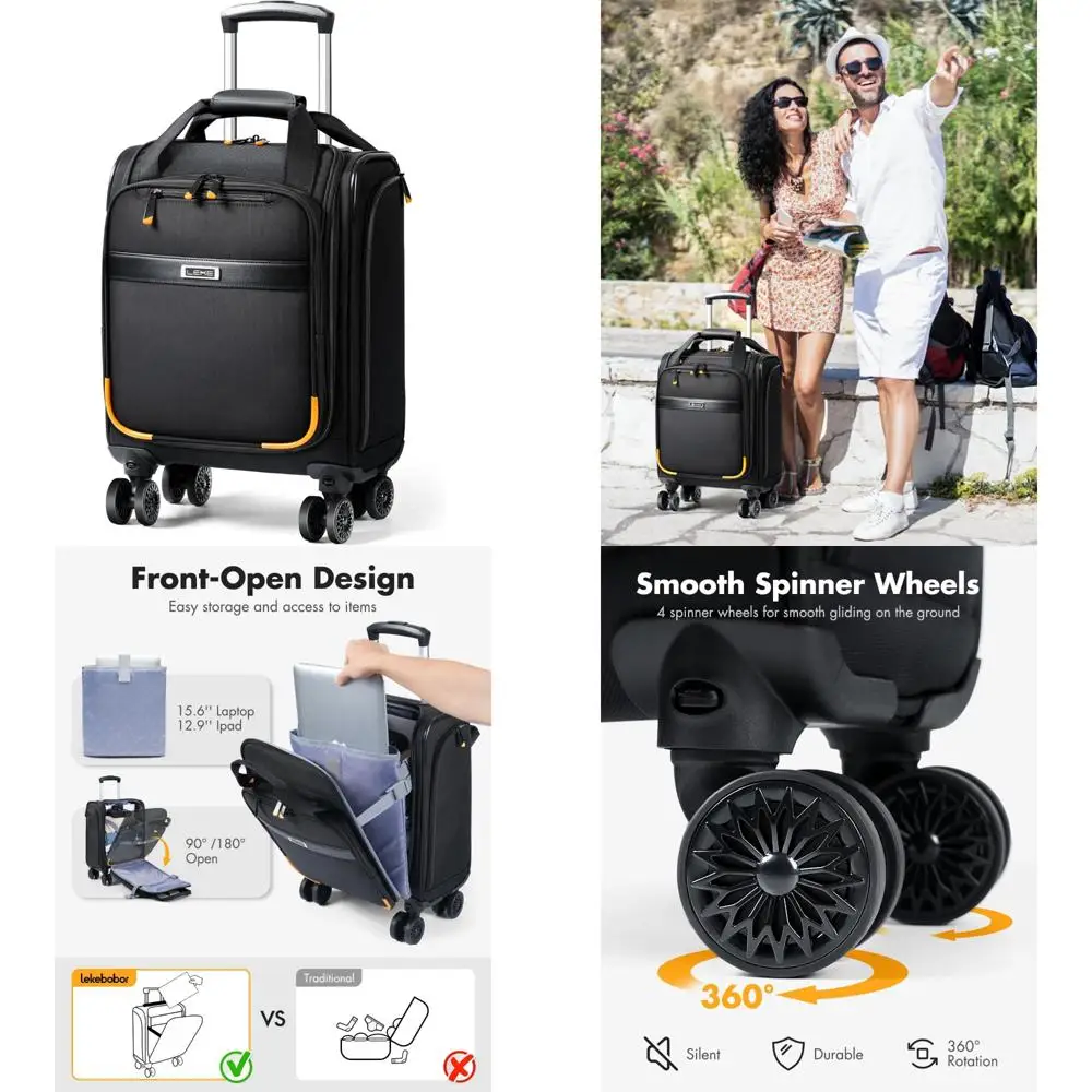 Lekebobor Underseat Carry On Luggage with Spinner Wheels,16 Inch Softside Suitcase with Detachable Sleeve, Lightweight Travel Lu