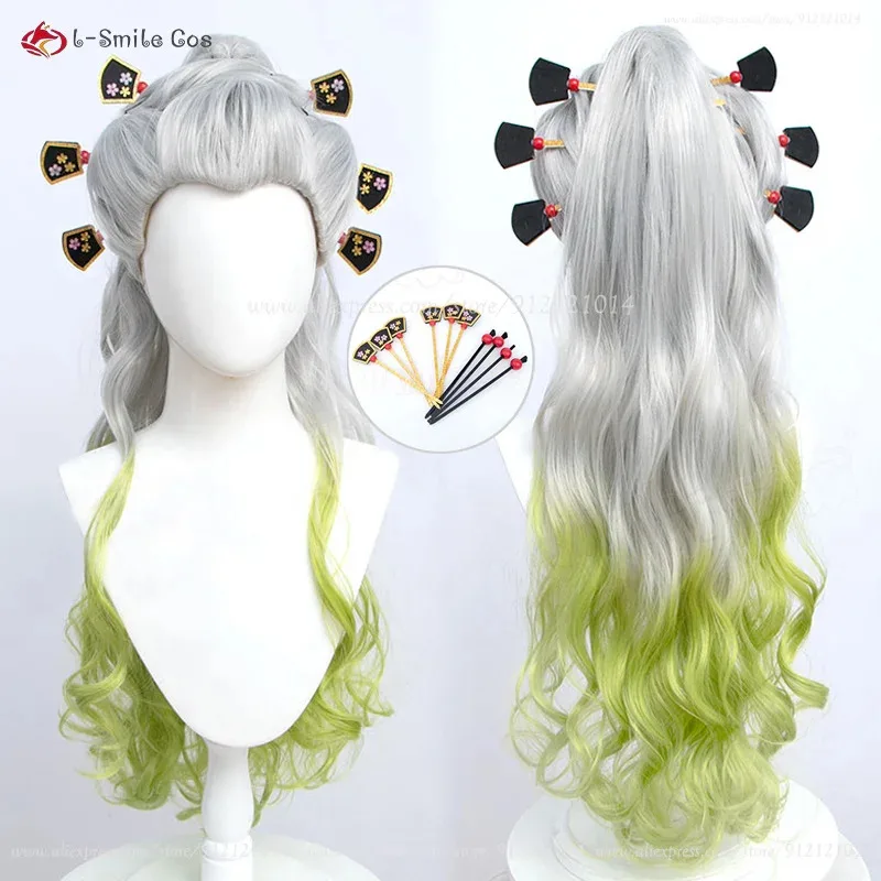 Anime Women Cosplay Silver Gradient Green Cruly Ponytail Daki Heat Resistant Synthetic Hair Party Wigs + Wig Cap