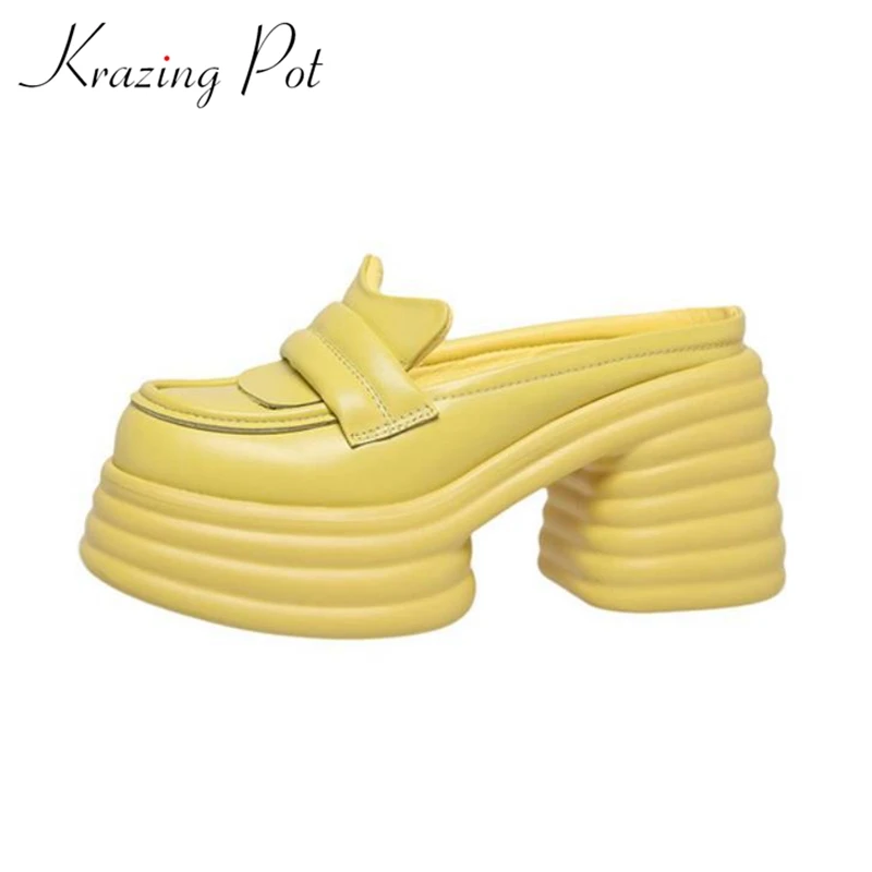 

Krazing Pot Ins Cow Leather Slip On Summer Round Toe Extreme High Heels Sexy Girl Wedges European Women Summer Street Wear Pumps