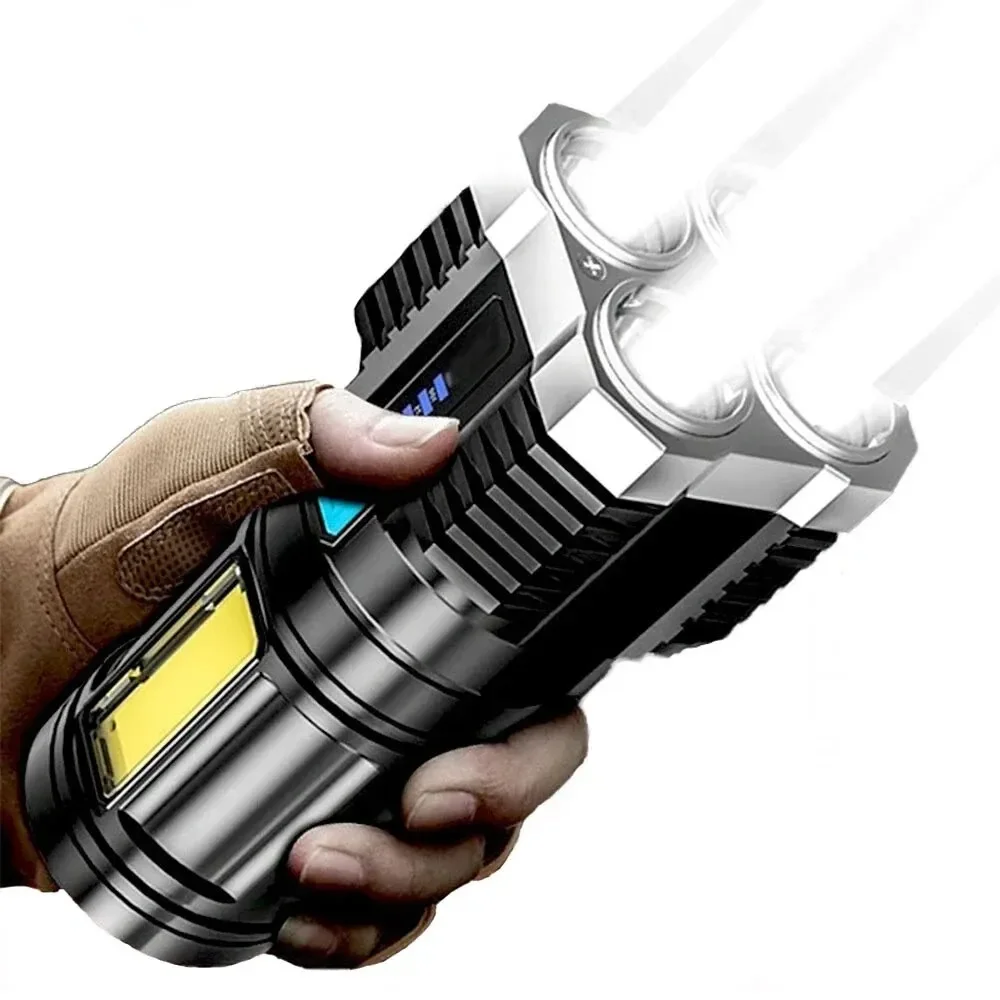 

4 LED Flashlight Rechargeable Powerful Portable Torch High Lumens Outdoor Camping Night Flashlights Built in Battery Keybar