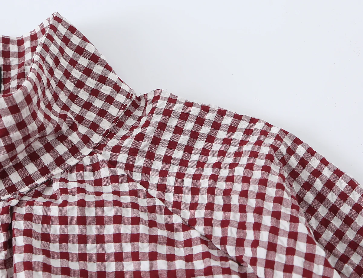 BSAY New Ladies Cropped Gingham Plaid Outerwear Stand Collar Long Puff Sleeve Button Up Drawstring Hem Casual Loose Check Jacket