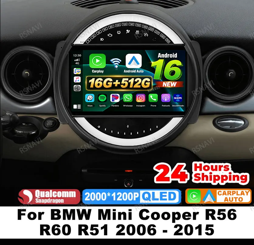 Car Radio Android 16 For BMW Mini Cooper R56 R60 R51 2006 - 2015 Navigation Stereo BT Autoradio QLED Viedo Player Multimedia DVD