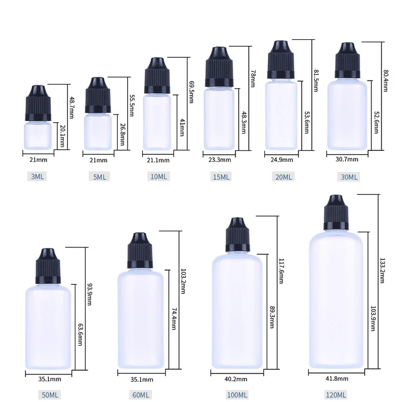 100 Stuks 3 ml-120 ml LDPE Lege Samendrukbare E Vloeibare Druppelflesjes Eye Vape Oliën Lange Tips container Met Kleur Caps Met Trechters