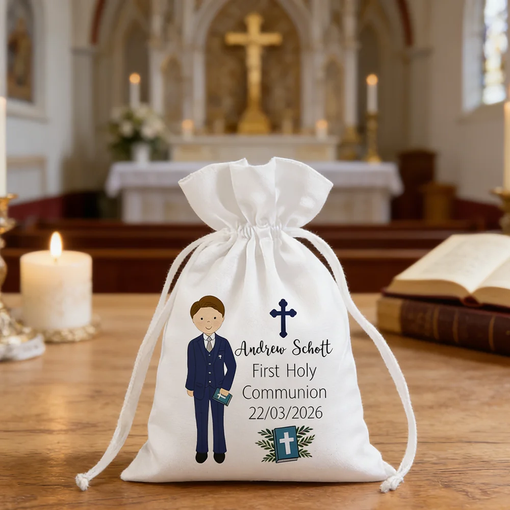 Bolsas de regalo de satén personalizadas de 5 piezas para la Primera Comunión, regalos de bautizo para invitados, accesorios de comunión para niño, recuerdos de bautismo