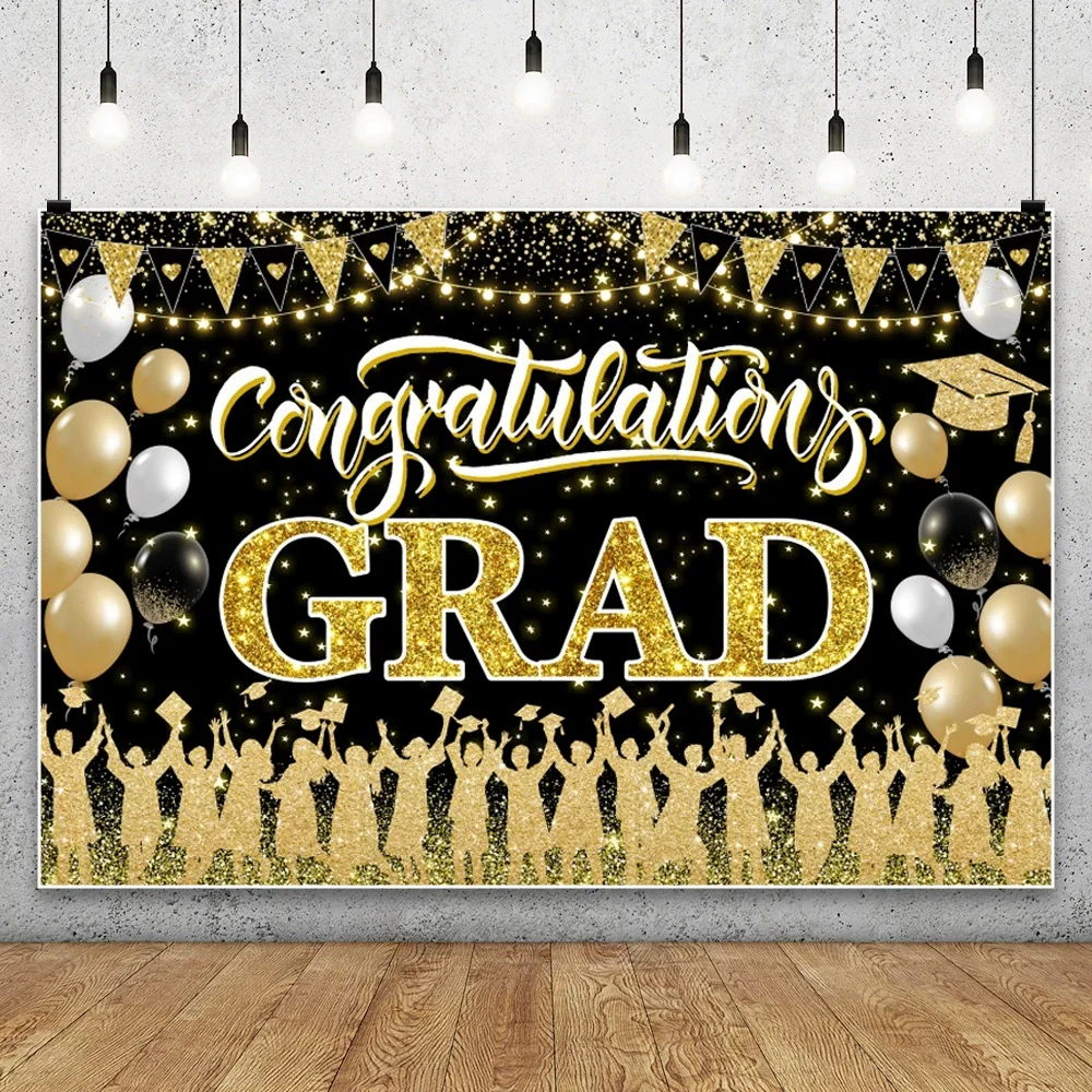 

2025 Graduation Theme Photography Background Party Decoration Bachelor Hat Pink and Gold Glitter Balloons Banner Gift Photo Prop