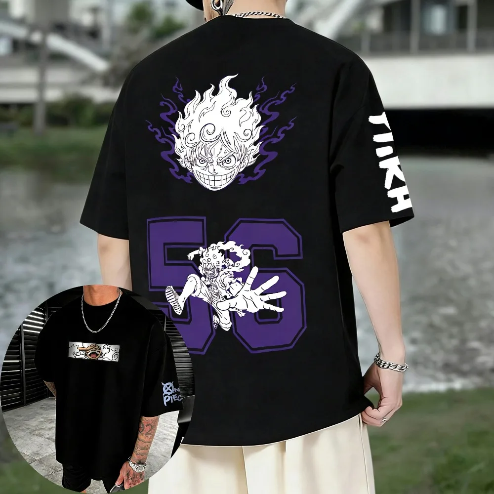 Camiseta Oversize Unisex de Algodón Puro, Diseño de One Piece Luffy Gear 5, Estampado de Anime Harajuku, Estilo Y2K Hip-hop, Manga Corta, Verano 2026