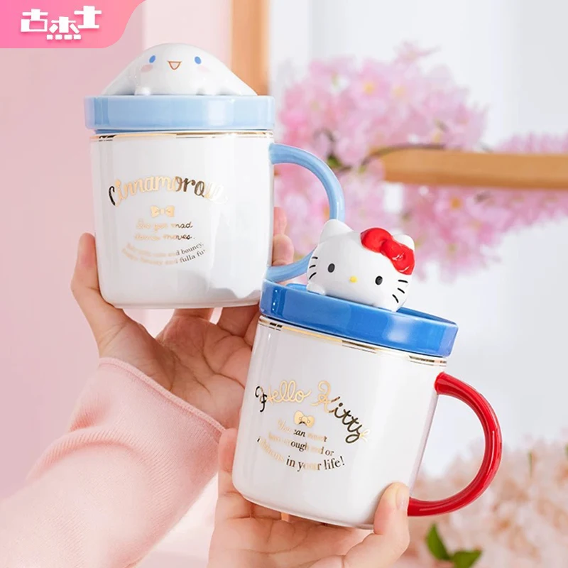 

For Sanrio Ceramic Cups 320ML Cartoon Hello Kitty Ceramic Mugs With 3D Doll Lid Cute Water Cup Home Office Coffee Cup Drinkware
