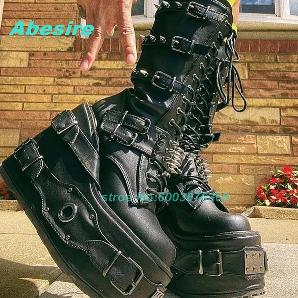 Black Spiked Rivet Platform Knee‑High Boots Multi‑Buckle Strap Lace‑Up Side Zipper Women's Boots Gothic Punk Rock Festival Shoes
