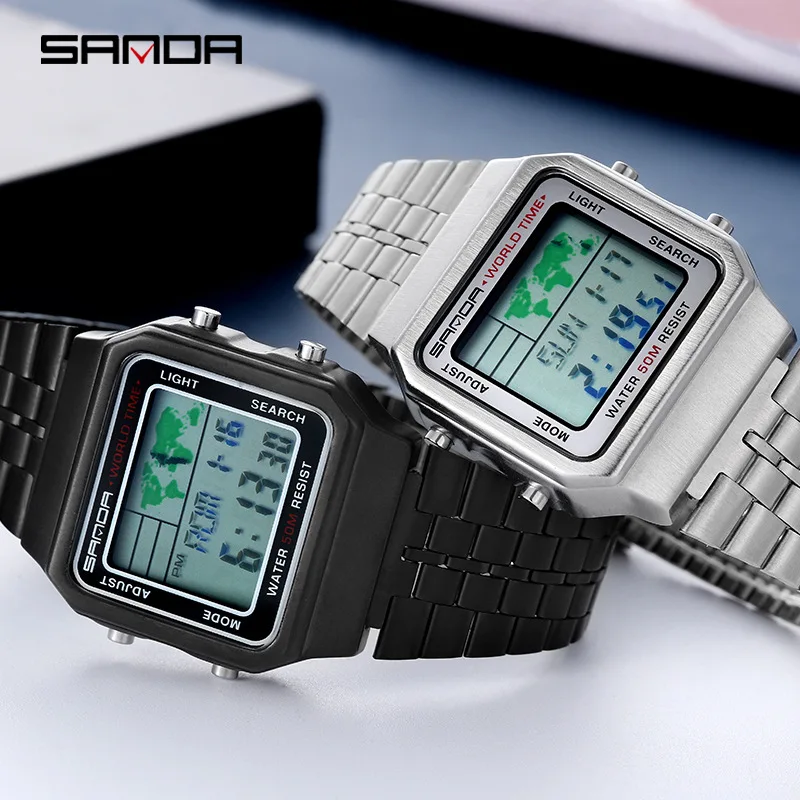 Sanda-Montre électronique légère carrée pour homme, montre de sport multifonctionnelle, étanche, nouvelle mode