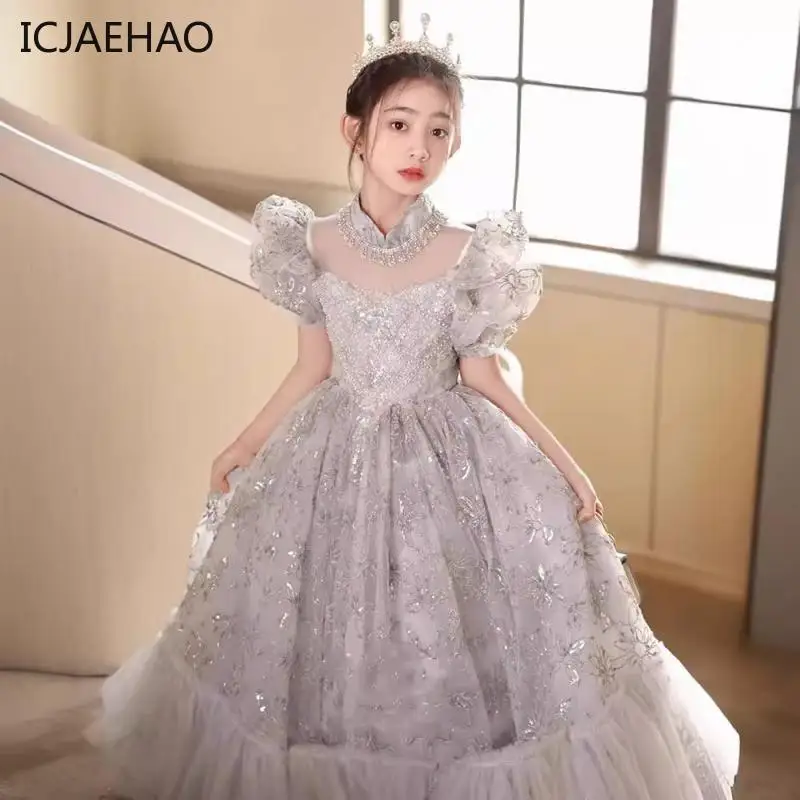 

ICJAEHAO 2024 Luxury Girl Children's Long Dress Formal Evening Party Teen Costume Elegant Noble Puff Sleeves Ball Gown for Kids