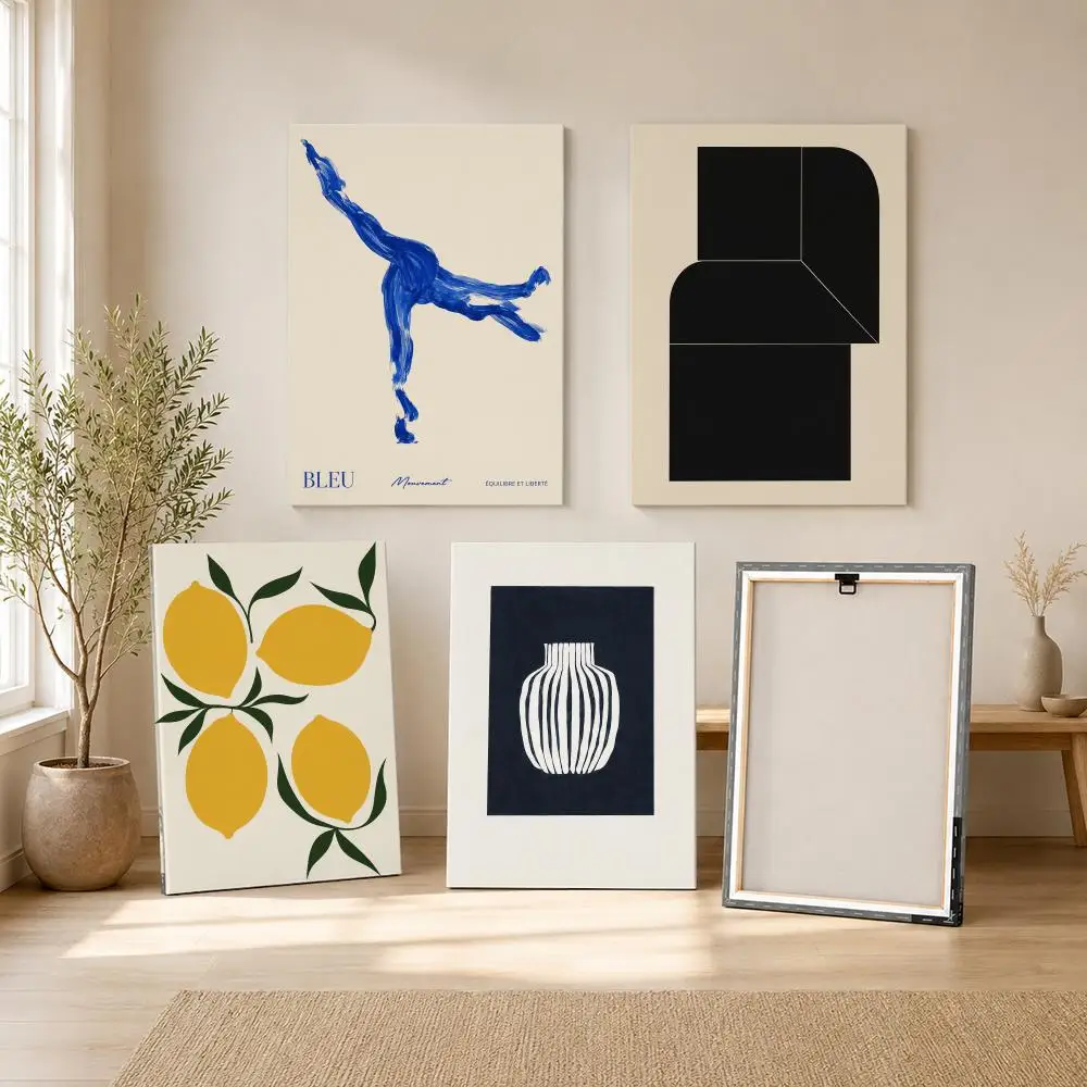 Geometric Minimalism Lemon Vase Framed Wall Painting Ready to Hang Canvas Art Poster for Living Room Bedroom Home Decor Decals