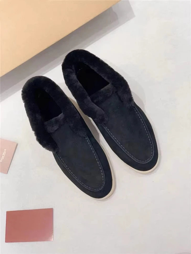 Ohne Logo Winter Damen Pelzgefütterte Leder-Loafer: Warme, Flache, Unisex Designer Luxus Slip-On Schuhe für Männer und Frauen