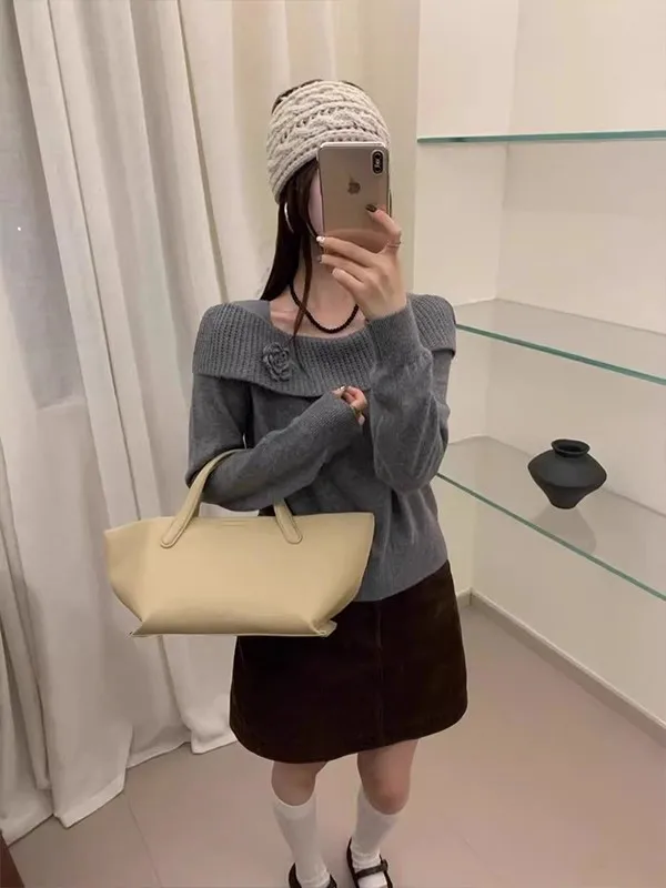 الحلو لينة Sle طويلة Sve محبوك سترة المرأة Faion 2025 جديد الخريف الشتاء التخسيس الزخرفية ثلاثية الأبعاد زهرة #5