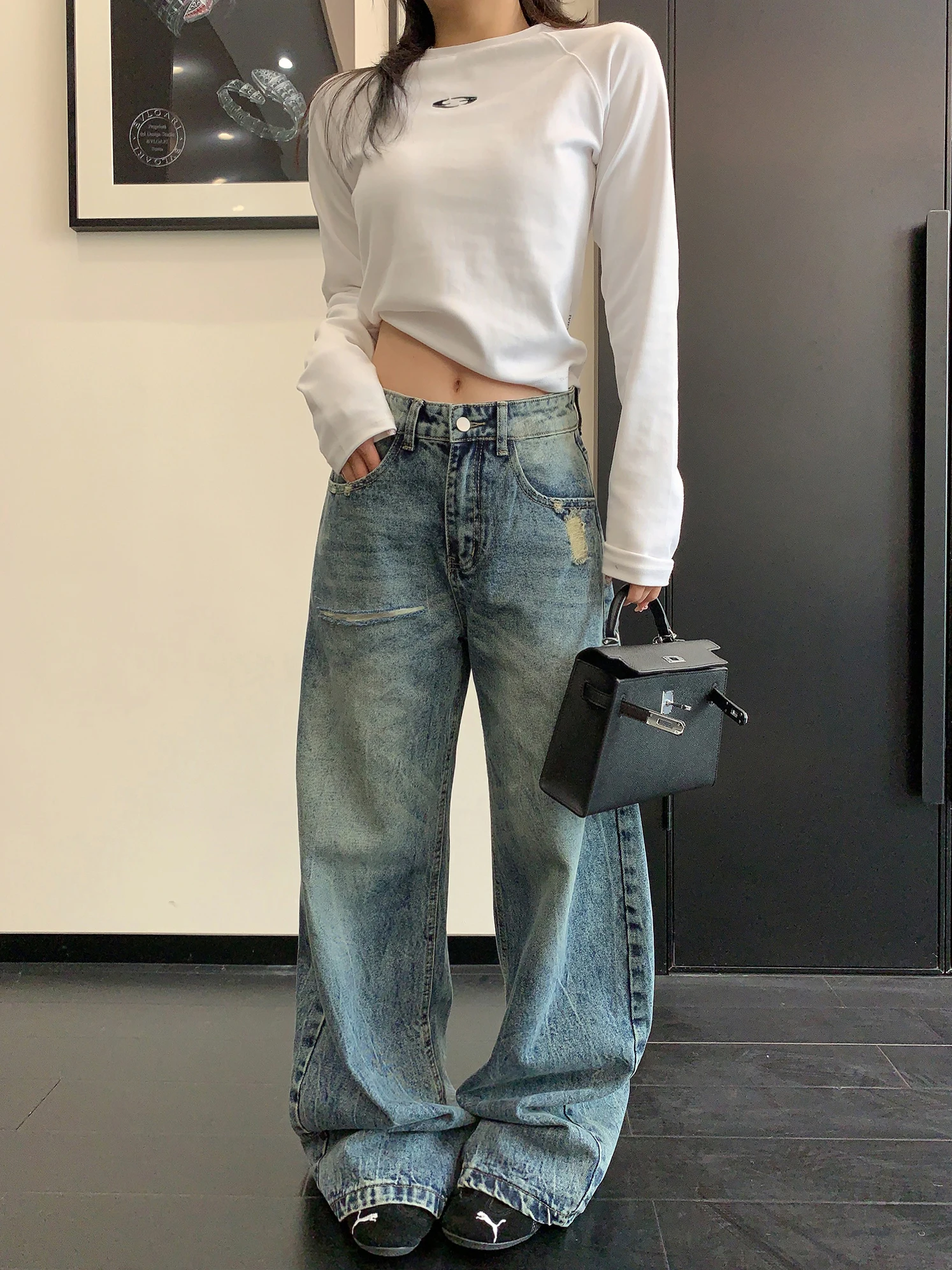 

Retro Faded Hole Straight Leg Jeans Women's Loose Waist Denim Pants Low Waist Wide Leg Long Trousers Vintage Sle
