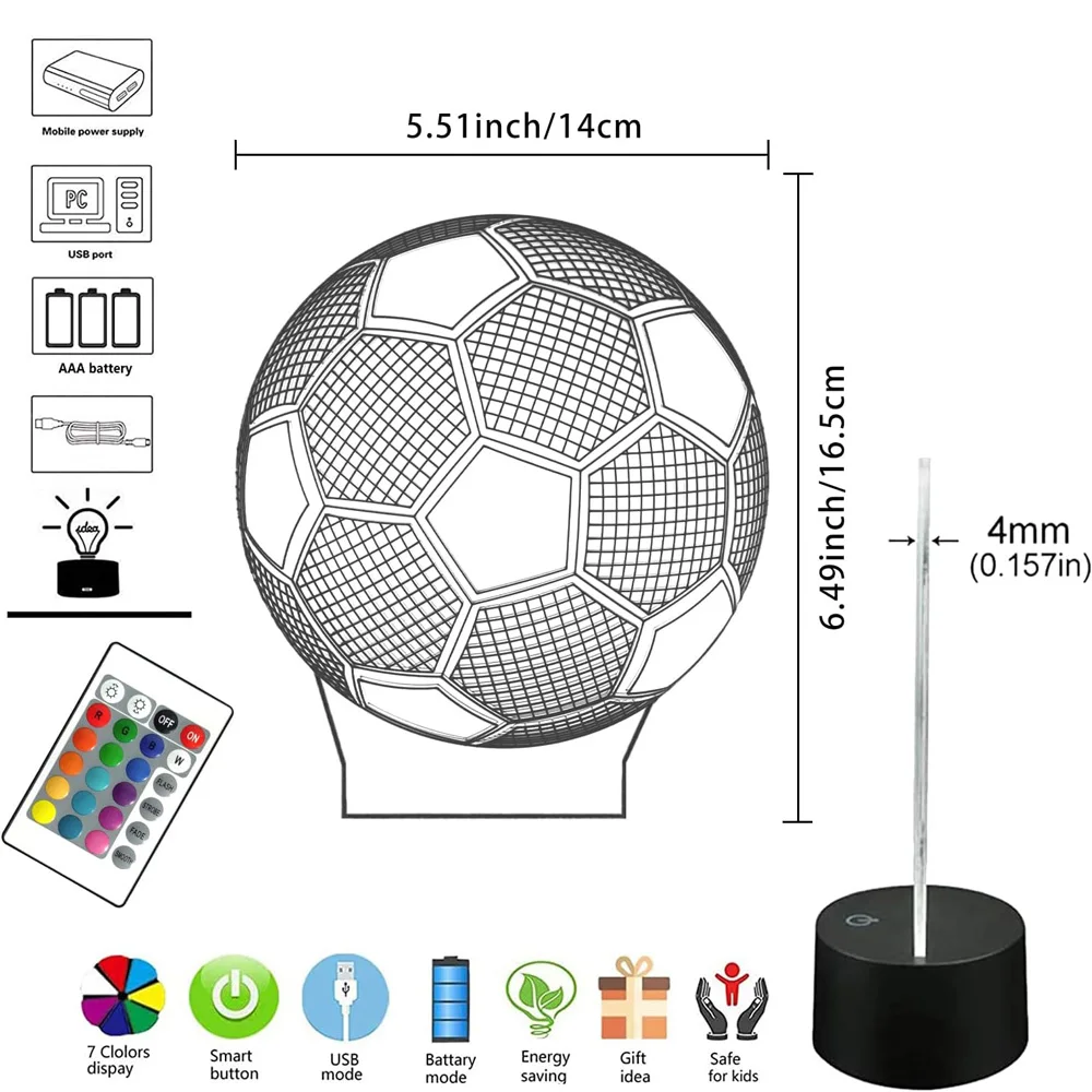 Voetbal 3d Illusie Lamp Nachtlampje Met Afstandsbediening 16 Kleuren Met Afstandsbediening Verandering Decor Verjaardag Kerstcadeaus