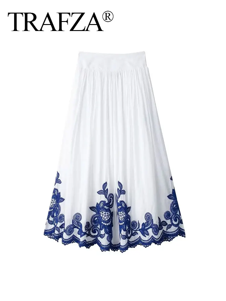 TRAFZA Trendy Blue Floral Embroidery Skirt For Women 2024 Summer A-Line Elastic Waist Drape Fashion Elegant Midi Pleated Skirts