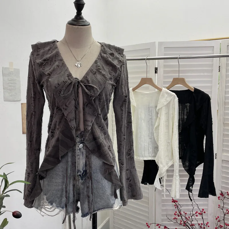 

Женская рубашка-кардиган с эффектом потертости, на шнуровке, с расклешенными рукавами, V-образным вырезом, оборками, уличный стиль, весна-лето 2026