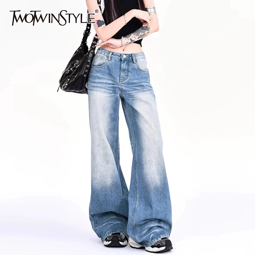 

TWOTWINSTYLE Blue Spliced Folds Basics Trousers Female High Waist Loose American Retro Women's Long Pants Summer Style Fashion