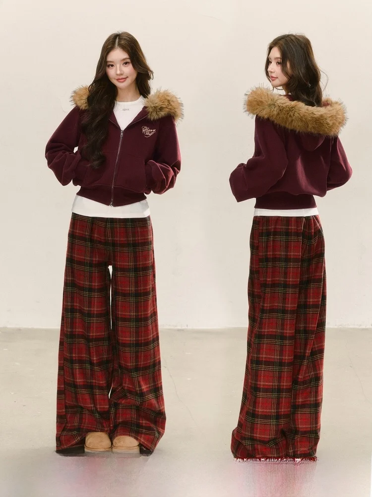 

ELEVEN SP Новогодние женские повседневные свободные брюки прямого кроя, зимняя верхняя одежда, вязаные брюки с высокой талией в корейском стиле, в клетку