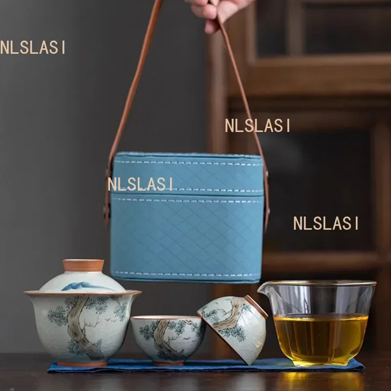 

Ручная роспись, дорожный чайный набор, офисный чайный инфузер, неглазурь, цвет керамический гайвань Teacup, уличный портативный чайный набор с сумкой для хранения