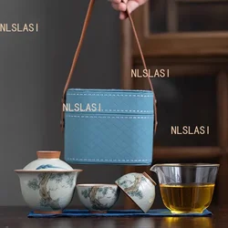 Hand-painted Travel Tea Set Office Tea Infuser Underglaze Color Ceramic Gaiwan Teacup Outdoor Portable Tea Set with Storage Bag
