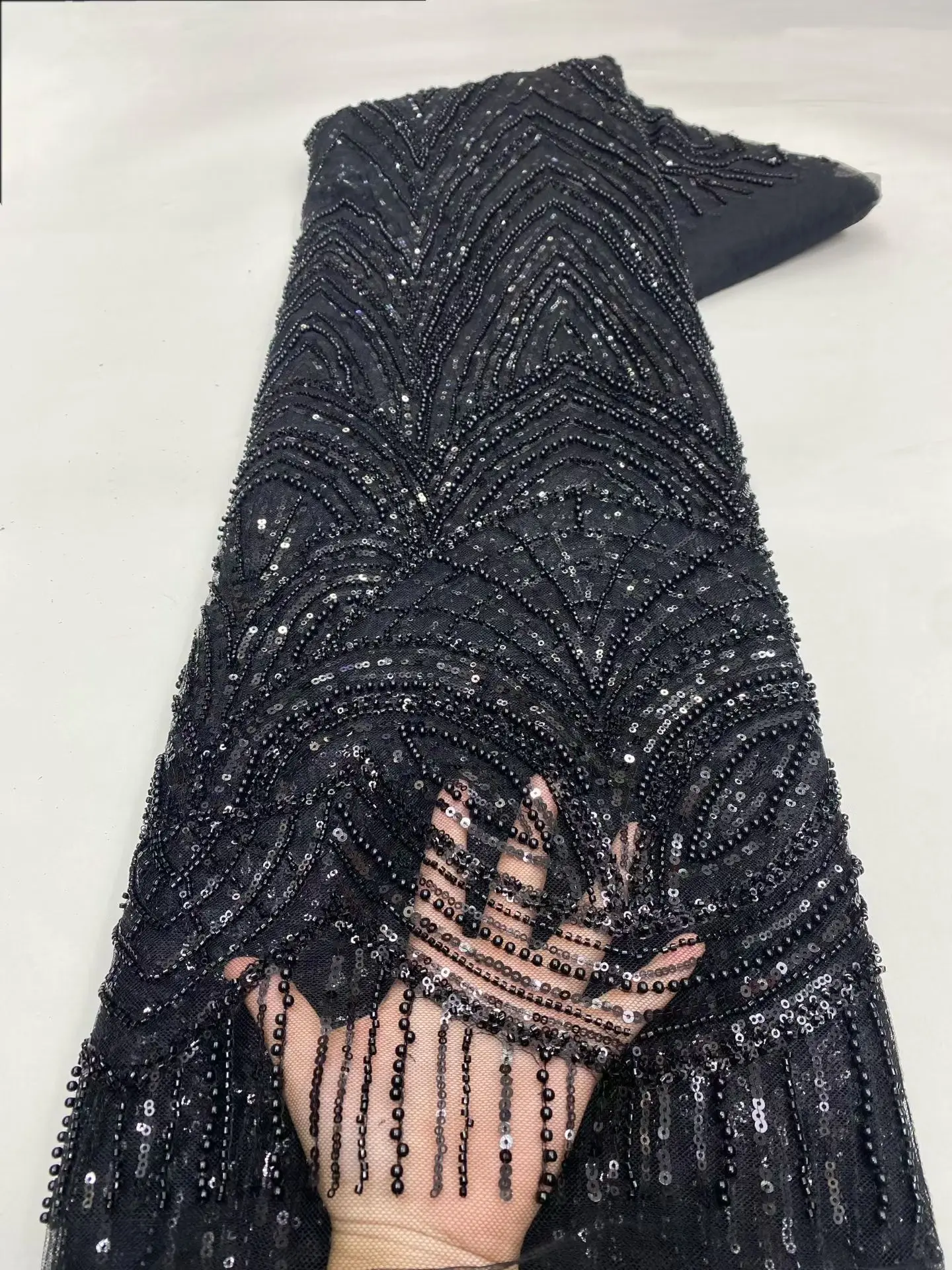 Luxury Red African Beaded Mesh Lace Fabric Embroidery Sequins French Tulle Lace For Nigerian Wedding Party Dress 5 Yards view 4