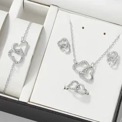5PCS Set Gold-Color Heart Shaped Jewelry Sets of Ring Earrings Necklace for Women Elegance Rhinestone Double Heart Jewelry