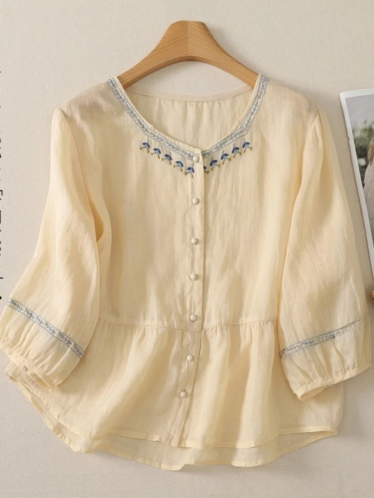

Elegant Embroidered Lace Trim Linen Shirt Women Summer Thin Breathable Large Size Ageless Personality Square Collar Top