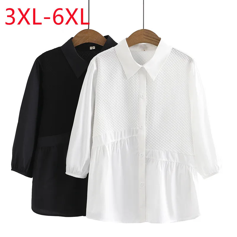 

New 2023 Ladies Spring Summer Plus Size Tops For Women Large Size Long Sleeve O-neck Black Shirt 3XL 4XL 5XL 6XL