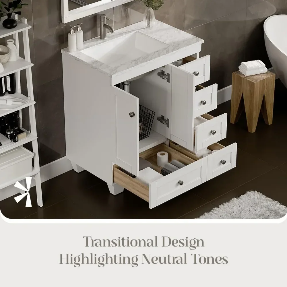 Happy Bathroom Vanity - Muebles de baño blancos de 30 pulgadas con encimera de cuarzo Carrara - Muebles de baño y porcelana bajo montaje