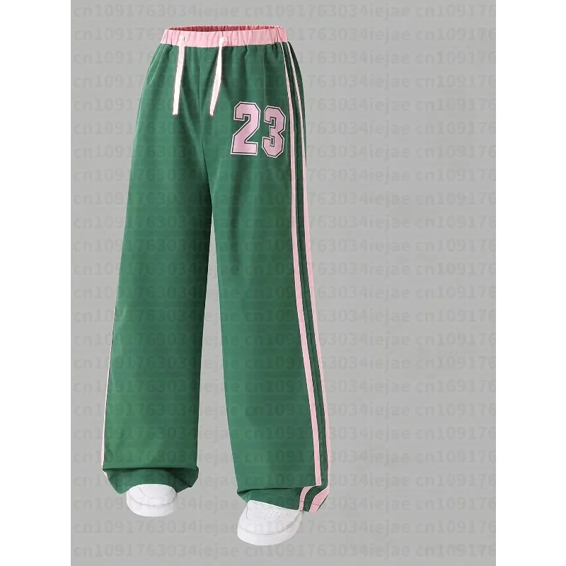 2026 Women Green Pink Color Block Track Pants, Side Double Stripes #23 Print Elastic Waist Casual Streetwear Trousers Kids