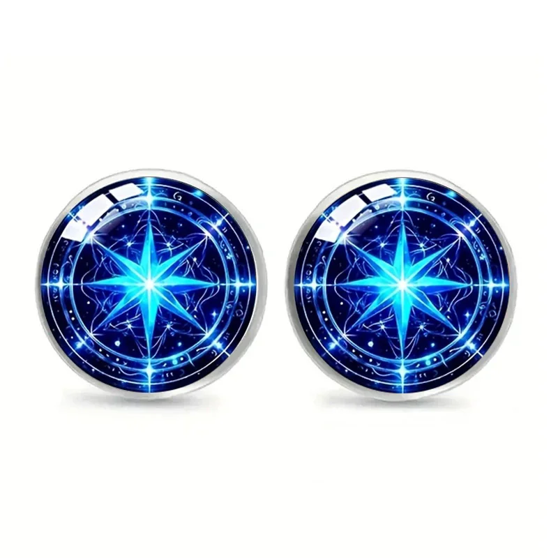 Edelstahl-Ohrringe mit blauem magischem Kompass, runde Glas-Cabochon-Hexagramm-Ohrringe für Herren, Schmuck