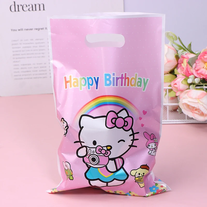 Sacs cadeaux en plastique Hello Kitty pour filles, décoration de fête d'anniversaire, boîte à bonbons, KT Cat Pearl Film, PE Bag, fournitures de fête, décor, 10 pièces