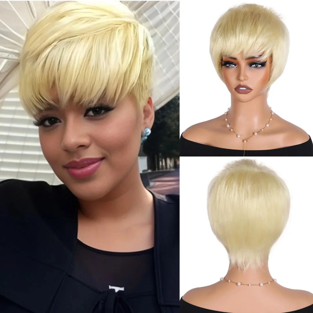 613 ブロンドカラーレミーヘアウィッグ機械製人毛ウィッグ 180% 密度ショートストレートピクシーカット人毛ウィッグ