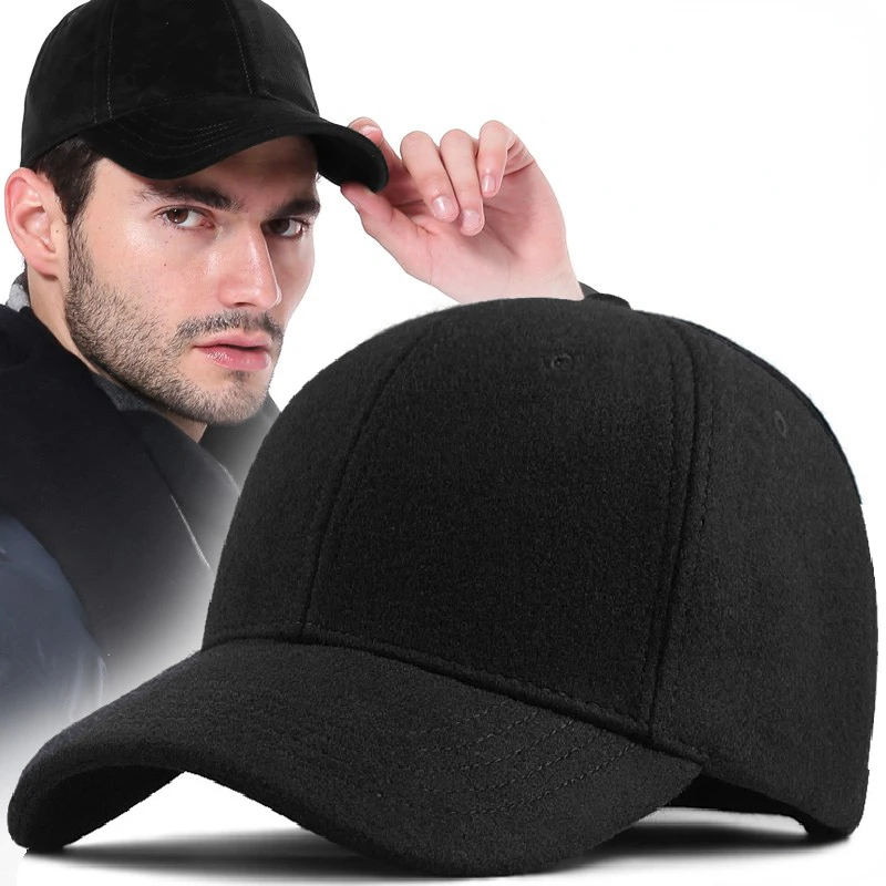 Boné de beisebol grande para homens, chapéu grosso de lã, snapback manter aquecido, tampa fechada de cor sólida à prova de vento, inverno, 2023