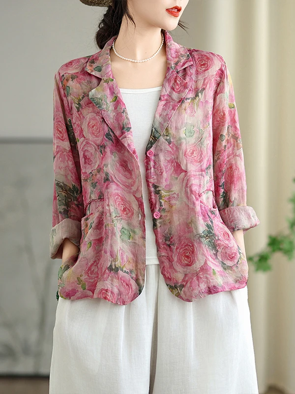 

Retro Floral Suit Jaet Women's Casual Loose Faionable Spring Autumn New Sle Small Western Sle Open Cardigan Top