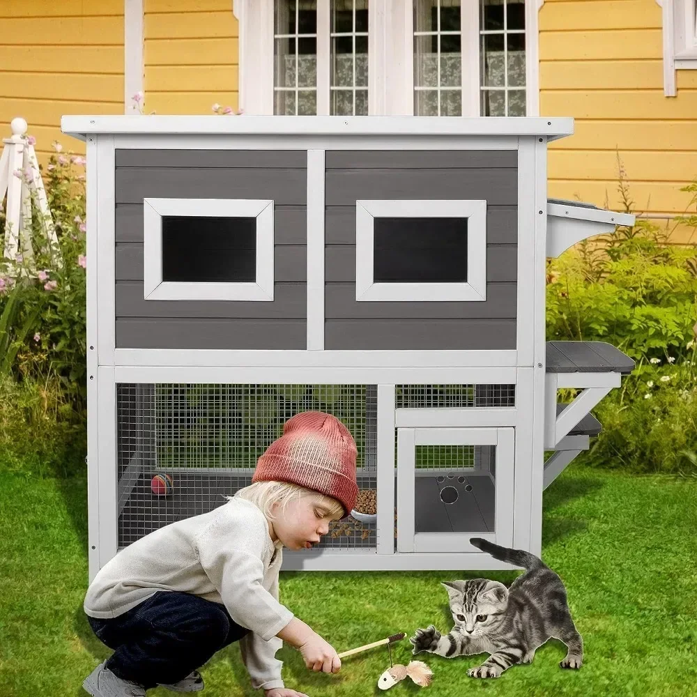 Large Outdoor Cat House Weatherproof Kitty Indoor Wooden 2 Story Feral Cat House with Escape Door