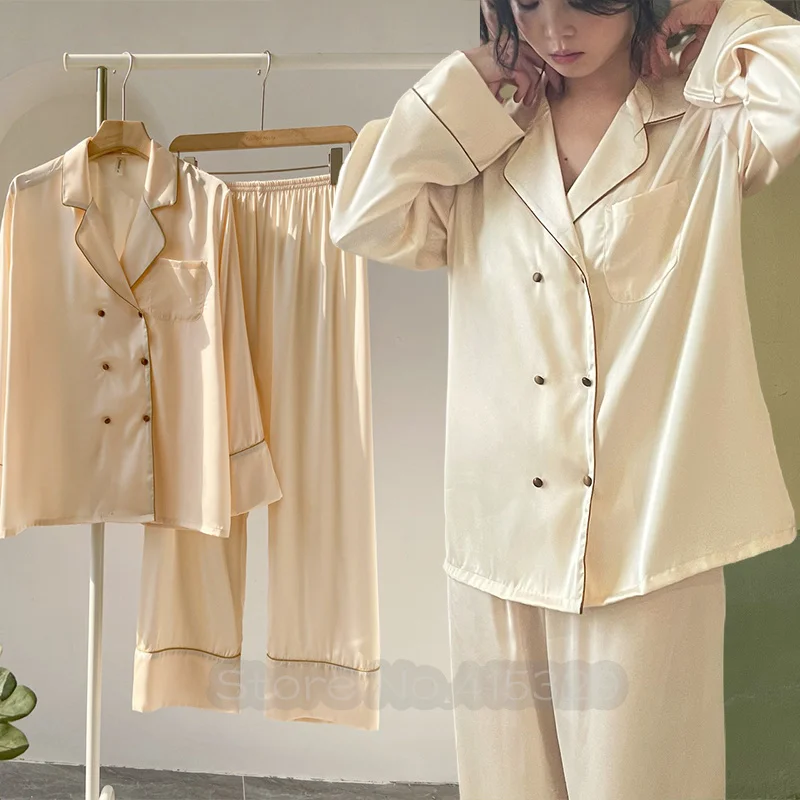 Female Home Clothes Faux Silk Pajamas Set Long Shirt&pants Women Sleepwear Causal Trousers Satin Suit Spring New  Loungewear